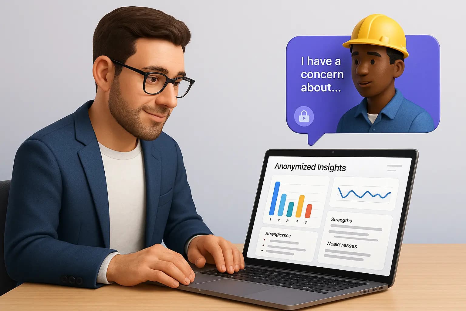 3D illustration of manager viewing anonymous feedback